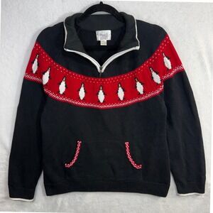 Christopher & Banks L Sweater Fair Isle 1/4 Zip Sequin Winter Penguin Holiday
